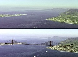 Immagini dello stretto e simulazioni del suo aspetto dopo la costruzione del ponte.